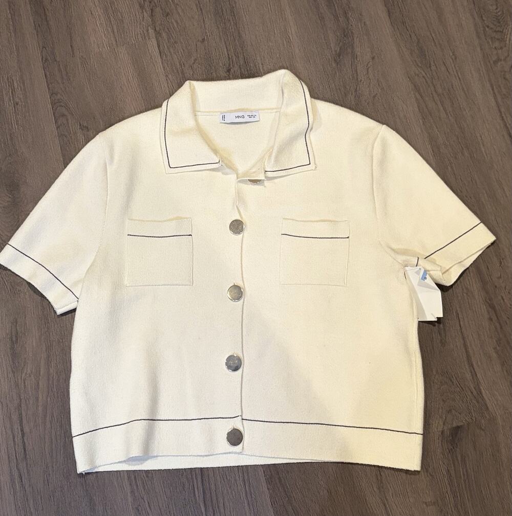 MNG Women’s XL Cream Solid Knit Collared Button-Front Blouse w/ Pockets
